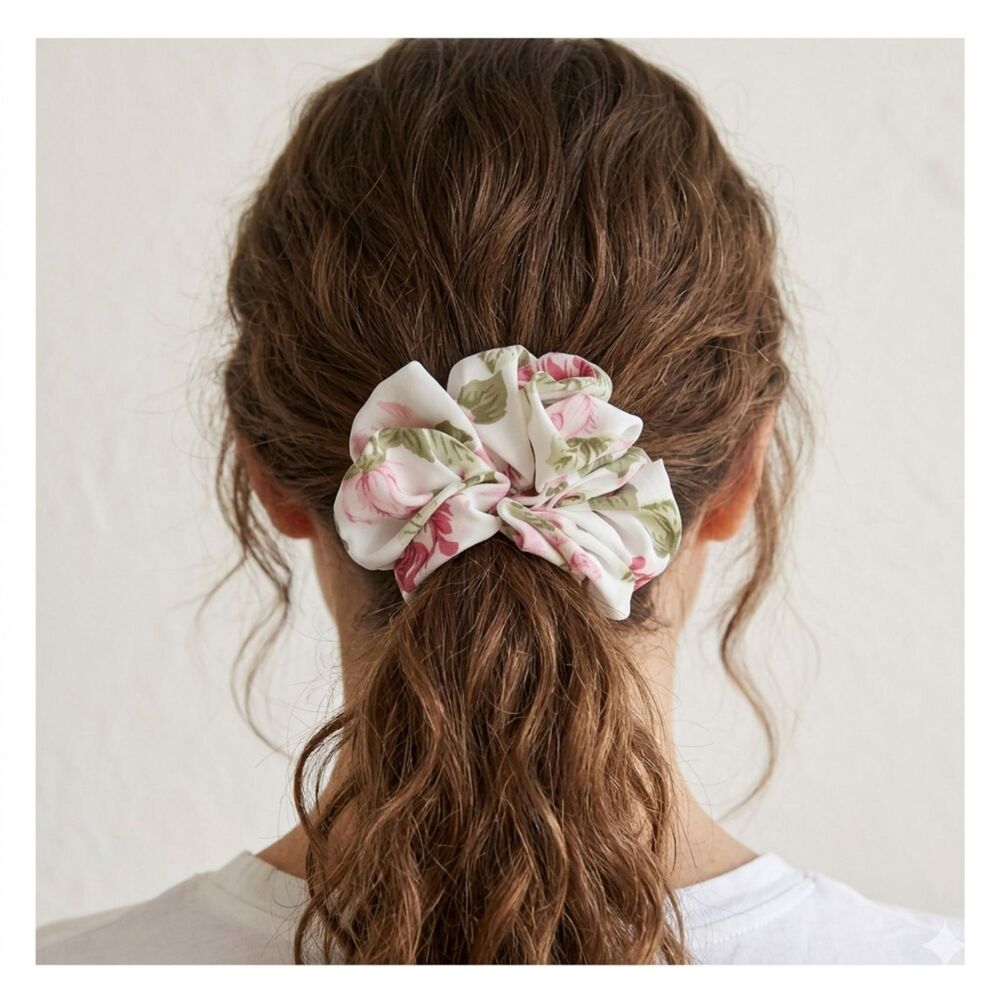 Women Handmade Hair Scrunchies Set 3pcs Floral Satin Bow Claw Clip Yellow Gift